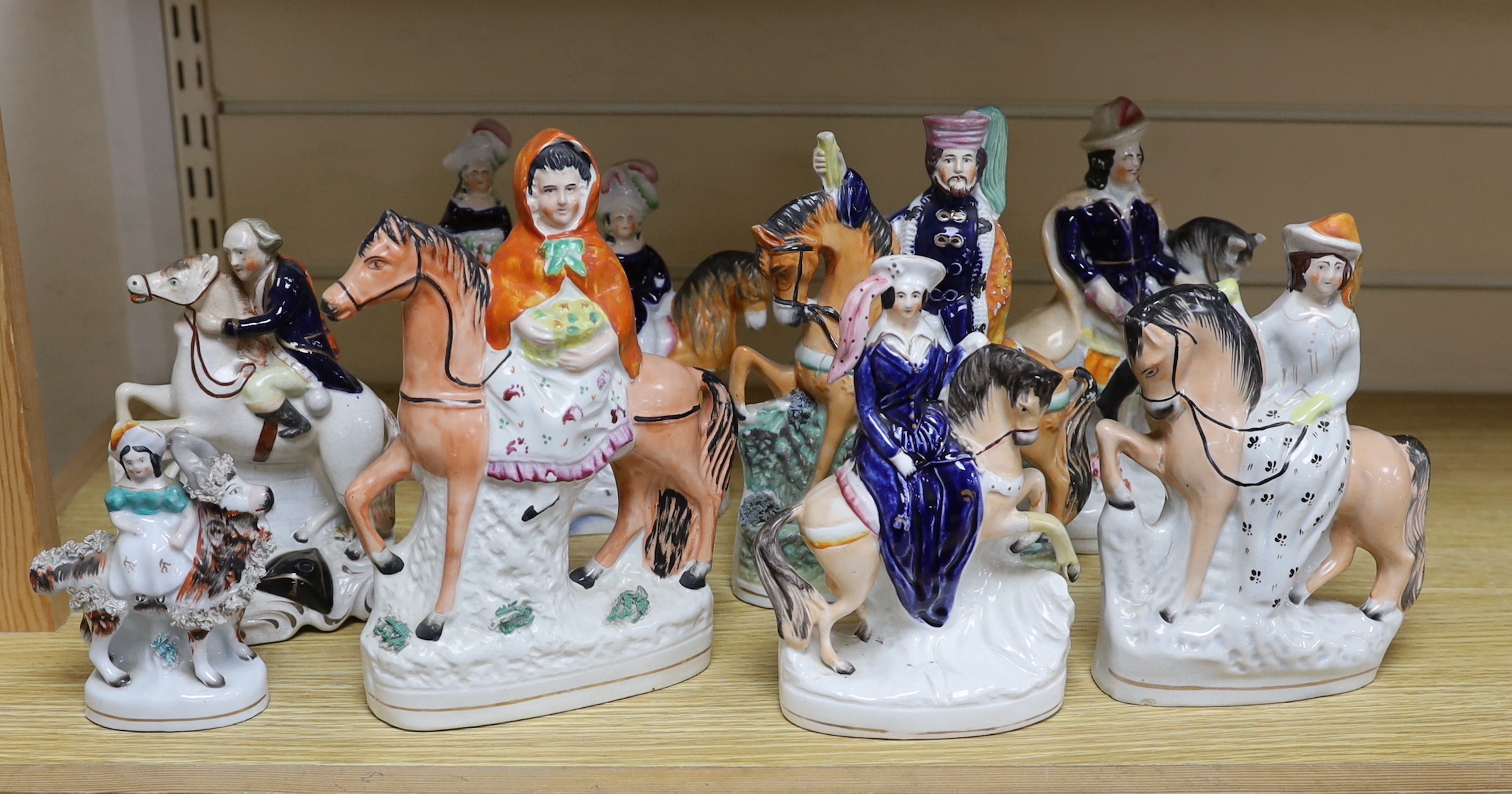 A Staffordshire pottery group of Prince and Princess, John Gilpin and six similar groups , tallest 23cm